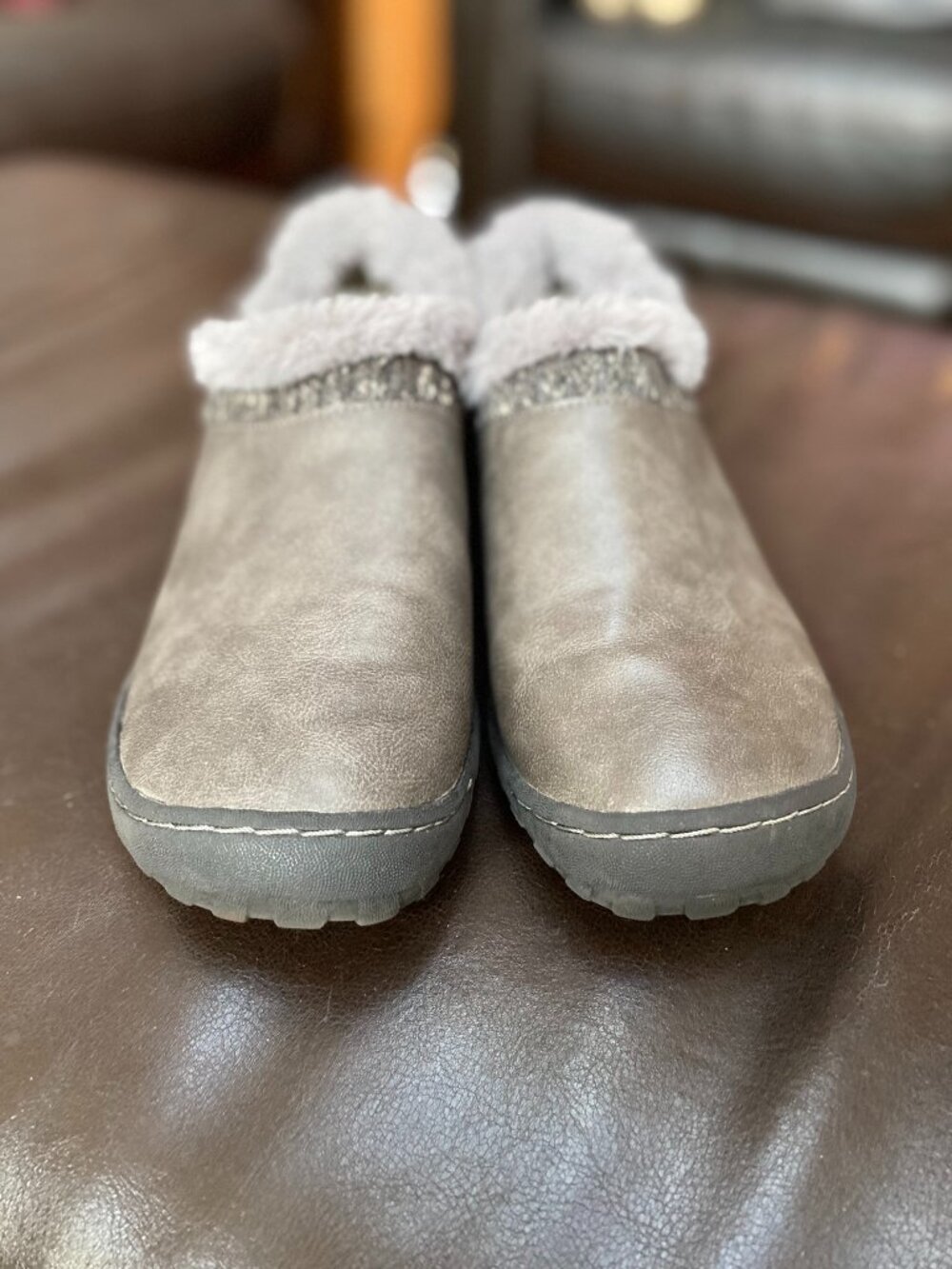 JBU gray vegan leather fur-lined booties, 8.5